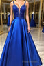Blue v neck beads satin long Formal Prom dress, blue evening dress