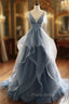 Blue V-neck Lace Appliques Tulle Spaghetti Straps Formal Prom Dresses