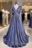 Blue V-neck Starry Gradient Cloth Short Sleeve Formal Prom Dresses