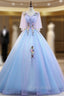 Blue V-neck Tulle Appliques Beading Floor Length Quinceanera Dresses