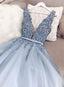 Blue V Neck Tulle Beads Long Formal Prom Dresses, Formal Evening Dresses