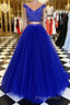 Blue v neck tulle beads two pieces long Formal Prom dress, blue evening dress