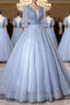 Blue V-Neck Tulle Long Formal Prom Dresses, A-Line Formal Evening Dresses