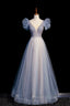 Blue V-Neck Tulle Long Formal Prom Dresses with Beaded, Elegant A-Line Formal Evening Dresses