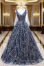 Blue V-neckline Lace Tulle Floor Length Party Dresses, Blue Formal Prom Dresses Formal Dresses
