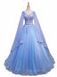 Blue V-neckline Formal Prom Dresses with Long Sleeves, Lace Applique Party Dresses For Teen