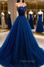 Blue Velvet Tulle Long A-Line Formal Prom Dresses, Blue Strapless Formal Evening Dresses