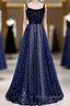 Blue Velvet Tulle Long Formal Prom Dresses, Beautiful A-Line Evening Party Dresses