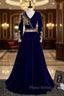 Blue Velvet V-neck Long Sleeve Gold Beading Formal Prom Dresses