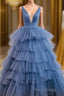 Blue V Neck Tiered Sleeveless Tulle Formal Prom Dresses, Gorgeous Long Party Dresses