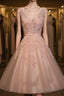 Blush Pink Lace Appliqued Tulle Homecoming Dresses,Prom Dresses