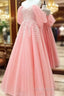 Blush Tulle A-Line Off Shoulder Appliques Dresses