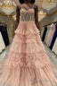 Blushing Pink Tulle Ruffle Layers Lace-Up Back A-Line Formal Prom Dresses