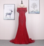 Bright Red Mermaid Crew Neck Beaded Tulle Train Formal Prom Dresses