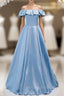Brilliant Blue Satin Off the Shoulder Formal Prom Dresses