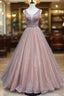 Brown A-Line Tulle Long Formal Dresses Features Plunge Neck With Mesh Insert Formal Prom Dresses,