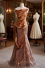 Brown Mermaid Strapless Sequins Satin Formal Prom Dresses