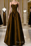 Brown Satin A-Line Sweetheart Long Formal Dresses, Simple Brown Evening Dresses