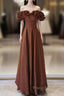 Brown Satin Off Shoulder A-Line Formal Prom Dresses, Brown Satin Evening Dresses Formal Dresses