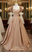 Brown Satin Puff Sleeve Beading Formal Prom Dresses