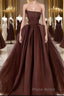 Brown Satin Tulle Long Formal Prom Gown, Brown Long Evening Dresses
