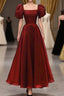 Burgundy A-line Satin Vintage Women Dresses Long Formal Prom Dresses