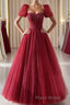 Burgundy A line tulle beads long Formal Prom dress burgundy formal dress