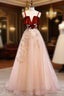 Burgundy A-line Tulle Lace Long Formal Prom Dresses Tulle Formal Dresses