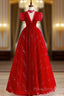 Burgundy A-Line Tulle Sequin Long Formal Prom Dresses, Burgundy Formal Dresses