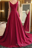 Burgundy A Line V Neck Sweep Train Open Back Satin Long Formal Prom Dress, V Neck Burgundy Formal Dress, Backless Evening Dress