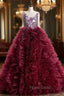 Burgundy Ball Gown Ruffles Beading Crystal Wedding Dresses