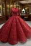 Burgundy Ball Gown Sequins Long Sleeve High Neck Formal Prom Dresses