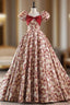 Burgundy Ball Gown Square Puff Sleeve Formal Prom Dresses