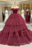 Burgundy Ball Gown Tulle Off the Shoulder Pleats Formal Prom Dresses