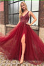 Burgundy Beaded Long Prom Dress with Slit
