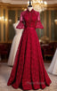 Burgundy Lace Short Sleeve Handwork Beading Formal Prom Dresses