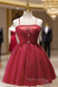 Burgundy Lace Spaghetti Straps Homecoming Dresses