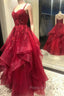 Burgundy Lace Tulle Layers Long Formal Prom Dresses, A-Line Evening Party Dresses