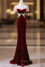 Burgundy Memraid Velvet Short Sleeve Beading Formal Prom Dresses