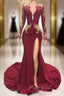 Burgundy Mermaid Deep V-neck Long Sleeve Backless Formal Prom Dresses