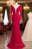 Burgundy Mermaid Lace Long Sleeve Beading Formal Prom Dresses