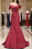 Burgundy Mermaid Satin Off the Shoulder Pleats Formal Prom Dresses