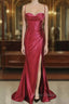 Burgundy Mermaid Satin Pleats Formal Prom Dresses