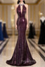 Burgundy Mermaid Sequins Beading Backless Formal Prom Dresses