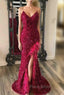 Burgundy Mermaid Sequins Feather Split Formal Prom Dresses