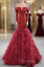Burgundy Mermaid Sequins Off the Shoulder Long Sleeve Formal Prom Dresses With Feather