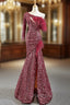 Burgundy Mermaid Sequins One Shoulder Long Sleeve Formal Prom Dresses