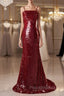 Burgundy Mermaid Sequins Spaghetti Straps Formal Prom Dresses