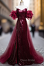 Burgundy Mermaid Sequins Strapless Formal Prom Dresses With Detachable Train