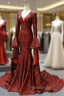 Burgundy Mermaid Sequins V-neck Flare Sleeve Backless Formal Prom Dresses